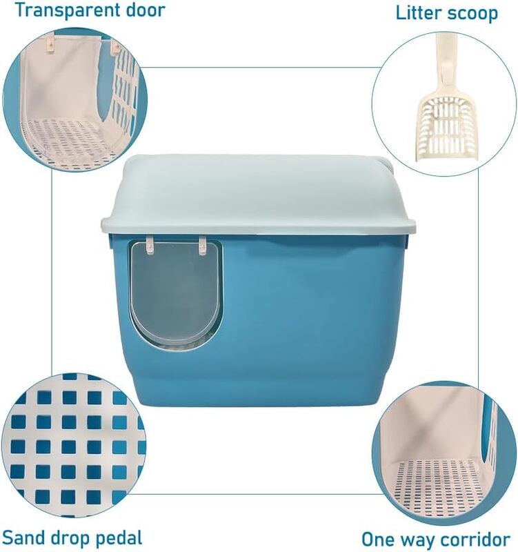 Large cat toilet with long aisle corridor style cats litter box, Fully enclosed durable cat toilet with litter scoop, Anti-Splashing, Odorless and open cover (Blue) 57 cm L